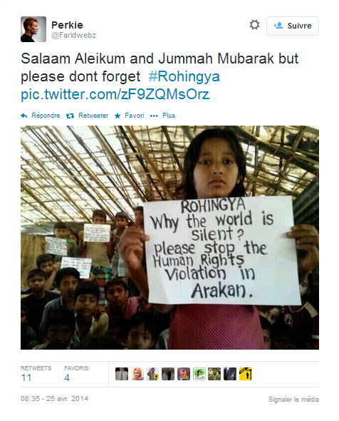 Tweet en faveur des Rohingyas. Sur la pancarte, on peut lire "Pourquoi le monde est silencieux, s'il vous plaît arrêtez les violations des droits de l'homme dans l'Arakan"